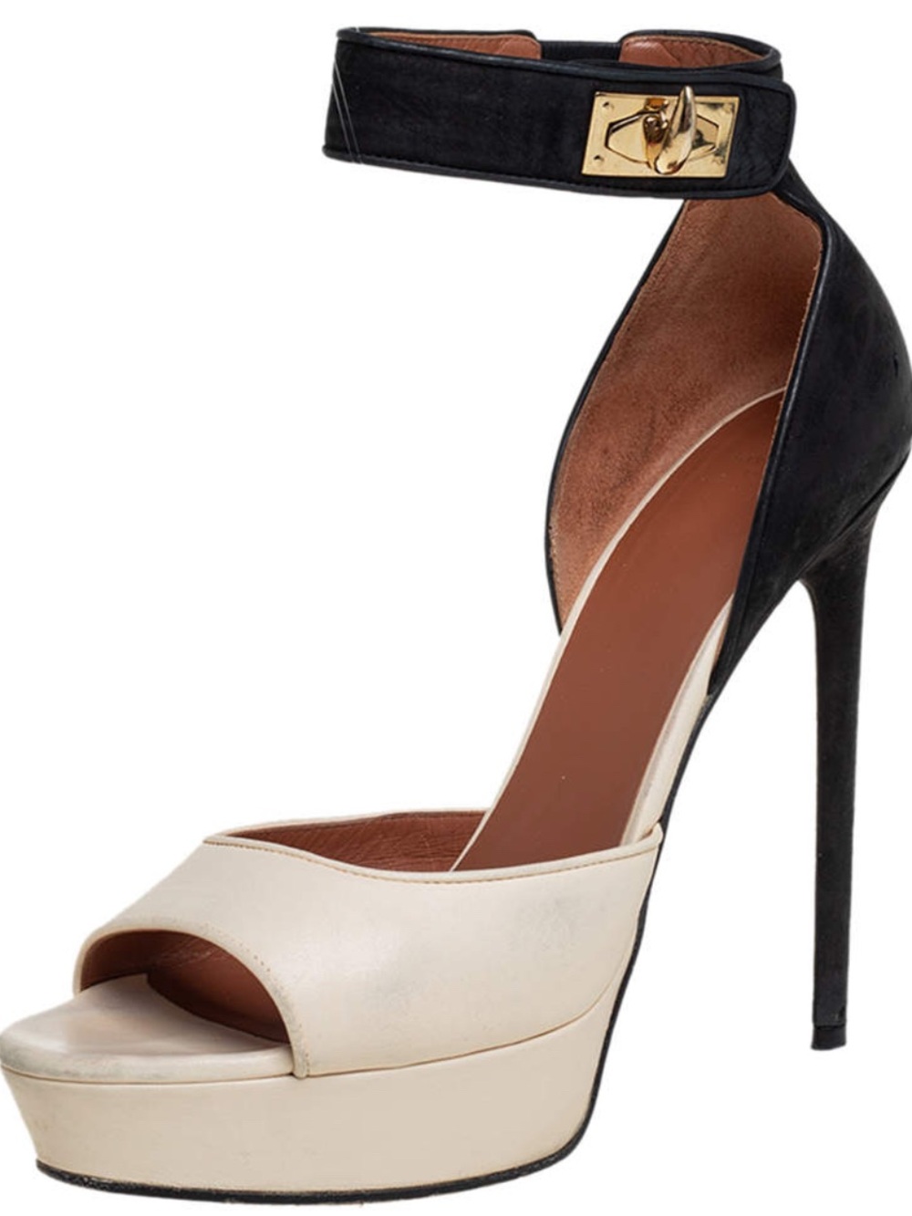 Givenchy Cream/Black Leather Shark Lock Ankle Strap Platform